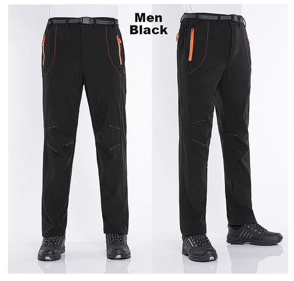 Waterproof winter hiking pants with warm fleece interior and zipper fly
