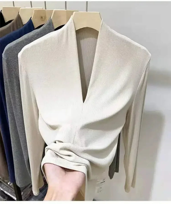 Elegant V-Neck Women's Blouse with Long Sleeves in solid color, perfect for casual and office wear, made from cotton-polyeste