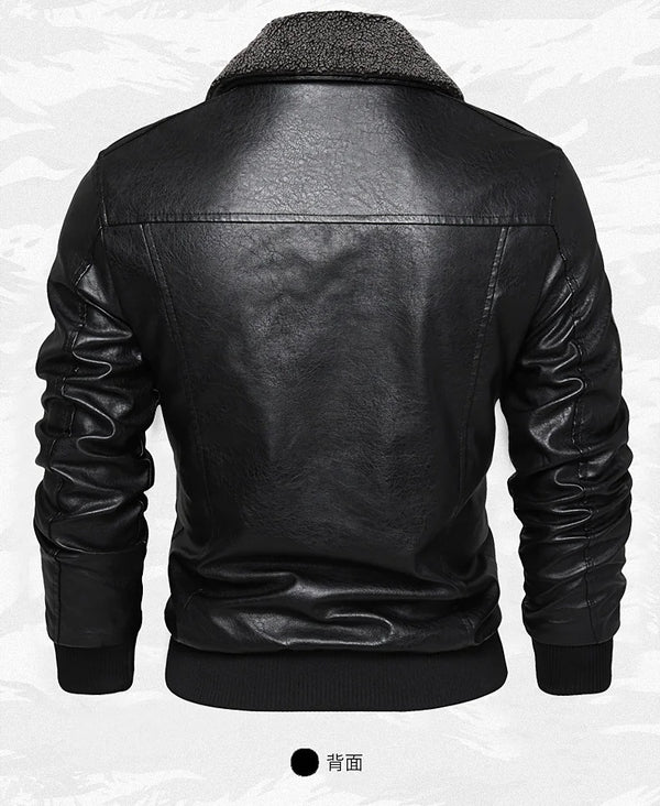 Men's Autumn/Winter Embroidered Leather Biker Jacket with detachable collar, fleece lining, and classic aviator design.