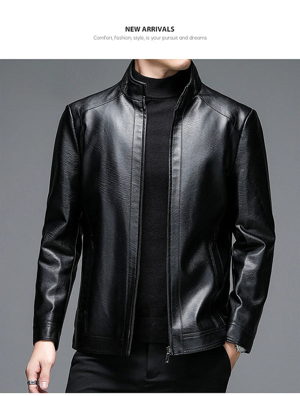Classic goatskin leather jacket for men, lightweight, stylish, with stand collar and zipper, perfect for spring and autumn.