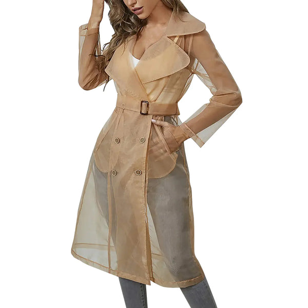 Detail of adjustable belt and button-front closure on lightweight trench coat