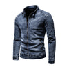 Men's retro slim fit motorcycle jacket for fall and winter, featuring a stand collar and zipper front, perfect for casual sty