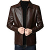Men's faux leather jacket with zip-up front, stand collar, and long sleeves, perfect for autumn and winter styling.