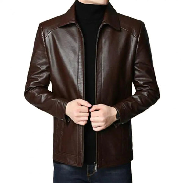 Men's faux leather jacket with zip-up front, stand collar, and long sleeves, perfect for autumn and winter styling.