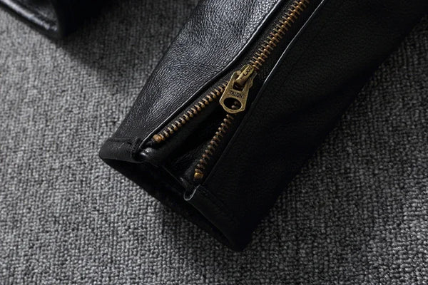 Premium men's leather biker jacket in rich brown with stand collar, crafted from durable first-layer calfskin leather.