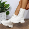 Chic white ankle boots with chunky heel, lace-up closure, and durable PU leather for stylish fall/winter outfits.