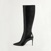 Black knee-high stiletto boots with zipper, pointed toe design.