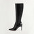 Black knee-high stiletto boots with zipper, pointed toe design.