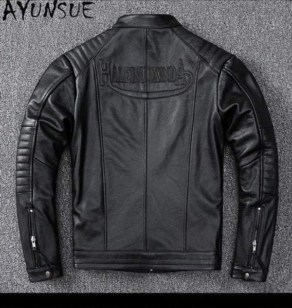 Men's slim fit leather motorcycle jacket in premium cow leather with stand collar and zip closure, perfect for spring and aut