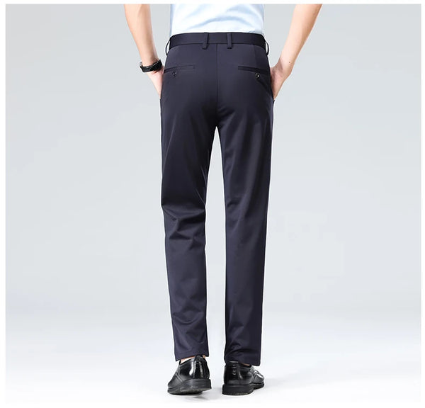 Lightweight knit suit pants with elastic waist and straight silhouette