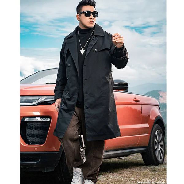 Men's casual trench coat in plus sizes, single-breasted, medium length, loose fit, stylish outerwear for autumn and winter.
