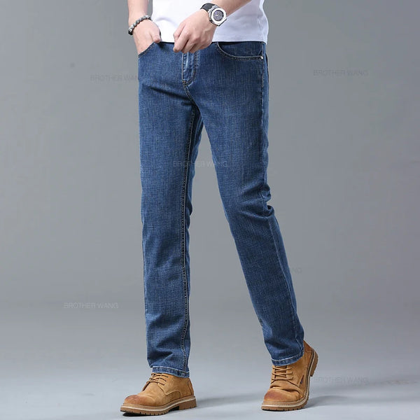 Men's blue denim jeans with adaptive stretch technology