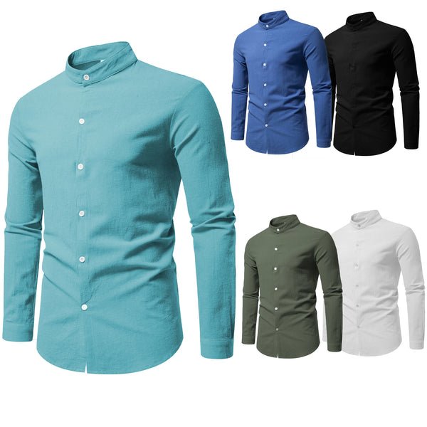Stand collar pure cotton casual shirt for men in solid color with single-breasted closure