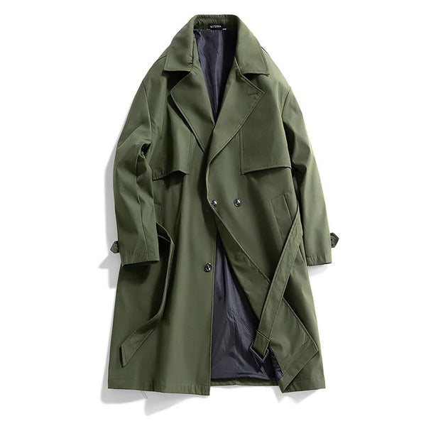 Men's military green slim fit trench coat with double-breasted closure and notched lapel, perfect for spring and autumn wear.