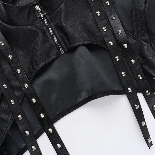 Chic cropped faux leather biker jacket for women with rivet detailing and slim fit, perfect for edgy streetwear style.