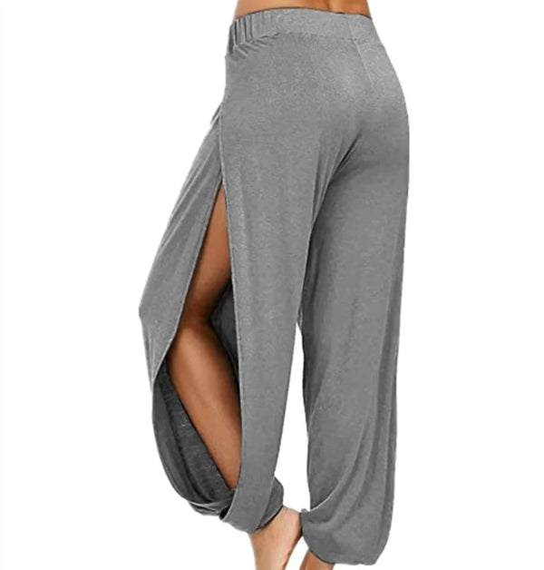 Chic high-waisted slit yoga pants for women, perfect for yoga, gym, or casual wear with a breathable, flowy fit.