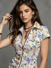 Colorful floral print denim-style shirt with sleek stand collar and zipper