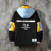 Men's hooded windbreaker jacket with color block design, lightweight polyester, zip-up front, perfect for casual wear.