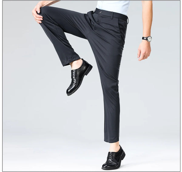 Breathable dress pants in slim fit showing four-season versatility for year-round wear