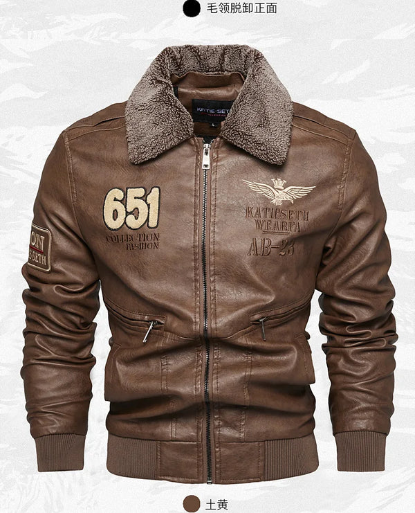 Men's Autumn/Winter Embroidered Leather Biker Jacket with detachable collar and fleece lining for warmth and style.