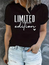 Letter print graphic tee in black polyester with slight stretch