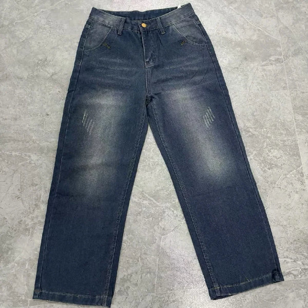 Chic wide leg denim jeans for women in vintage style, featuring mid-rise fit, zipper closure, and functional pockets.