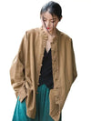 Beige cotton-linen stand collar coat showing sophisticated neckline detail