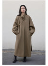 Professional belted woolen coat with sleek single-breasted front closure