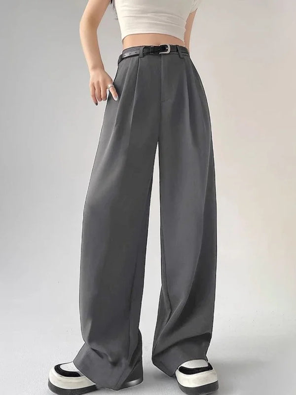 Chic high waist wide leg trousers with stylish belt, perfect for office and casual wear, made from breathable polyester blend