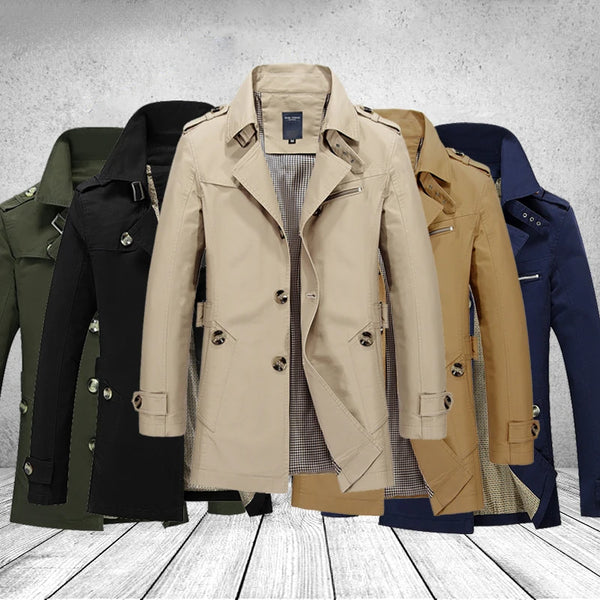 Sleek Men's Casual Business Trench Coat in polyester with turn-down collar, perfect for stylish business and casual wear.