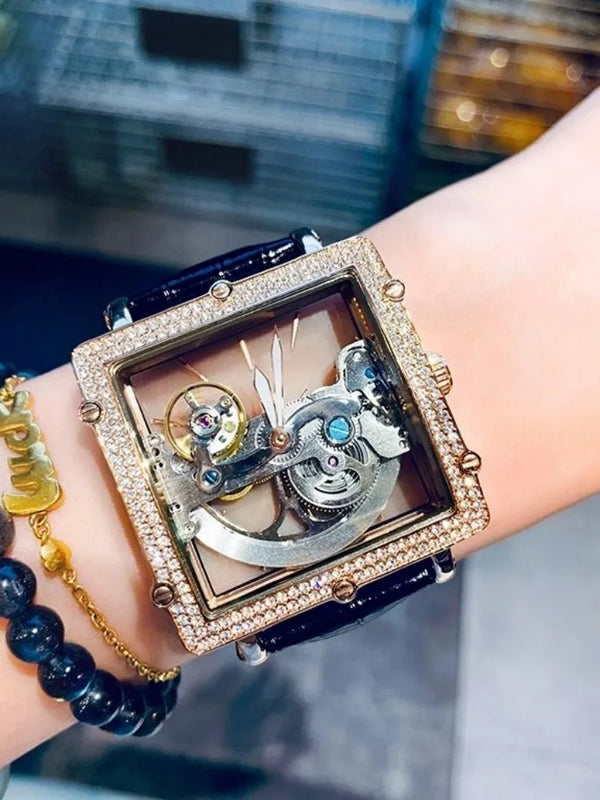 Close-up of the intricate gears in the transparent hollow design.