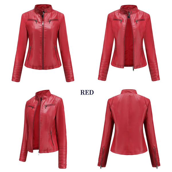 Chic women's slim leather biker jacket with zip detail, stand-up collar, and tailored fit for stylish urban looks.