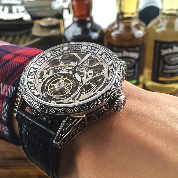 Elegant wrist shot of the Timepiece of Triumph showcasing its mechanical movement.