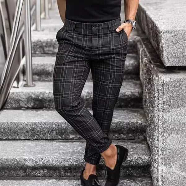 Plaid slim fit suit pants for men, stylish and casual, perfect for autumn and winter, crafted from premium polyester.