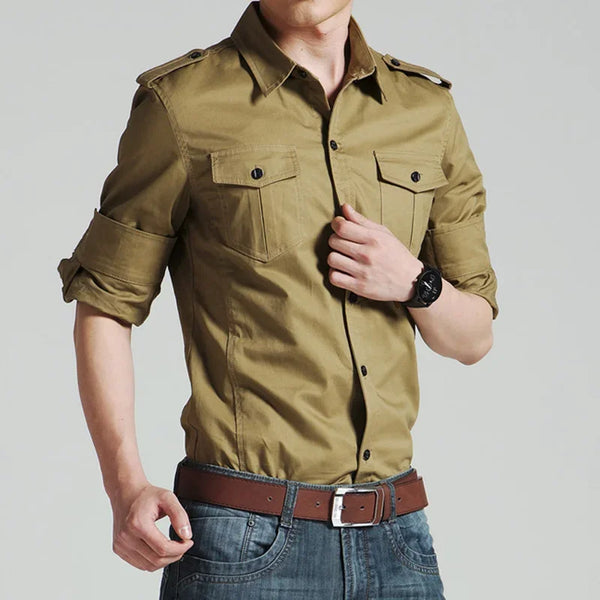 Slim fit military shirts for men in army green and khaki, long sleeve, stylish for business and casual wear.