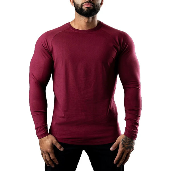 Men's long sleeve cotton tee in black and white, featuring moisture-wicking technology for comfort and breathability.