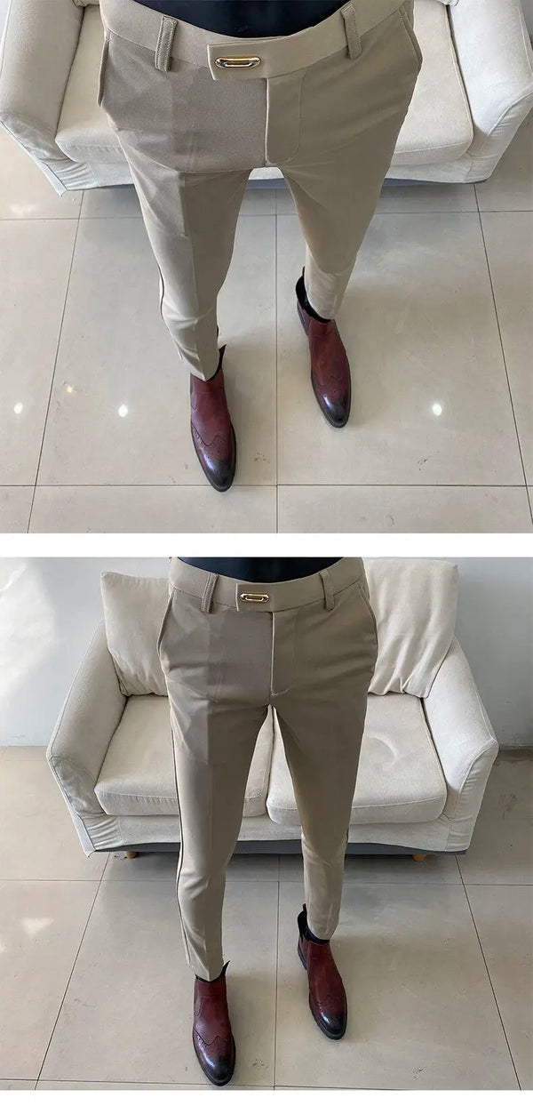 Slim fit business dress pants for men in black, khaki, and navy, perfect for autumn office wear and smart casual events.