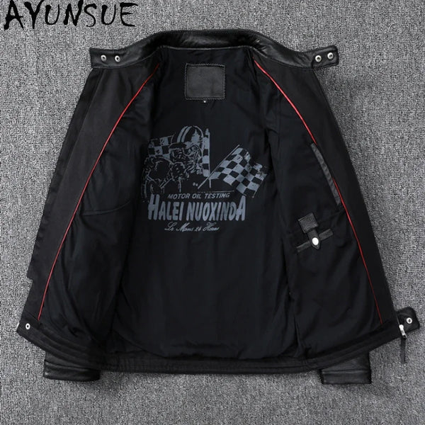 Men's slim fit leather motorcycle jacket in premium cow leather with stand collar and zip closure, perfect for spring and aut