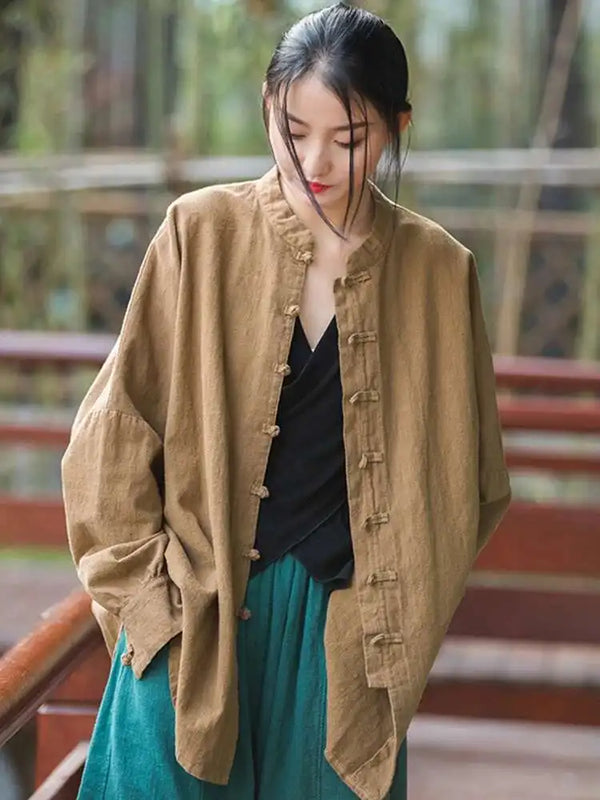 Women's stand collar coat in breathable cotton-linen blend for spring and autumn wear