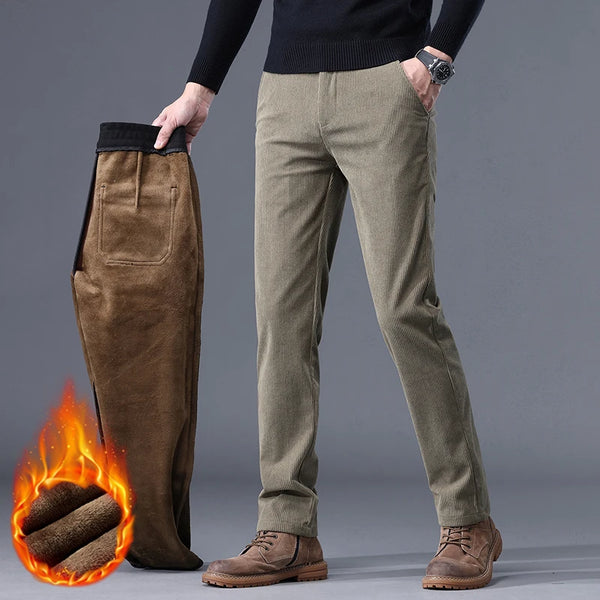 Men's corduroy trousers with soft fleece lining and stretch fabric for cold weather