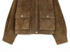 Chic women's leather jacket with button closure, lapel collar, short length, perfect for autumn fashion and urban style.