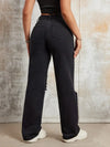 Trendy ripped high-waist straight jeans for women, perfect for casual outings and stylish streetwear. Comfortable cotton blen
