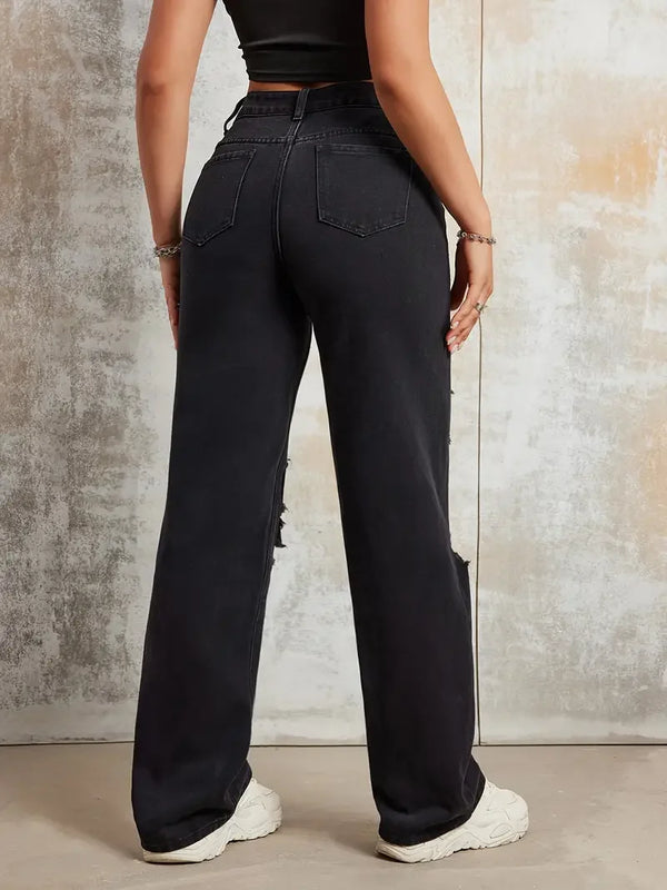 Trendy ripped high-waist straight jeans for women, perfect for casual outings and stylish streetwear. Comfortable cotton blen