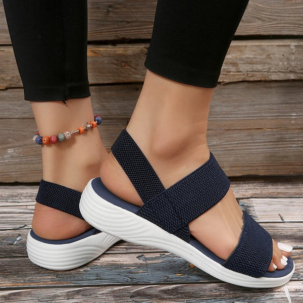 Women's knit wedge sandals with secure fit back strap and cushioned insole support