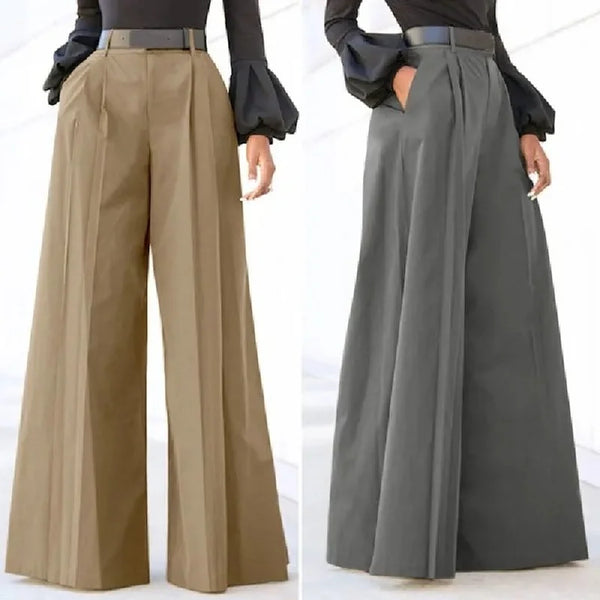Chic wide leg palazzo pants for women in nylon-cotton blend with pockets and button detail, perfect for office or casual wear