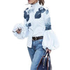 Elegant floral puff sleeve blouse for women, featuring high-neck and loose fit, perfect for office and casual wear.