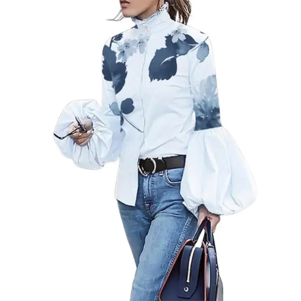 Elegant floral puff sleeve blouse for women, featuring high-neck and loose fit, perfect for office and casual wear.