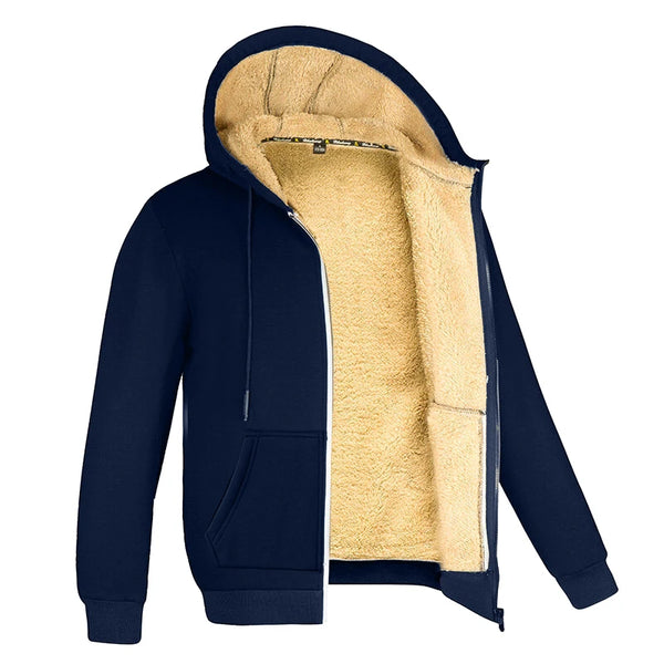 FrostGuard Luxe Hoodie displayed on a hanger, emphasizing its luxurious warmth and elegant silhouette.