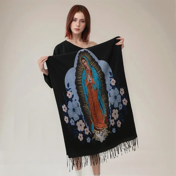 Guadalupe Enchantment scarf, a cozy and stylish accessory for winter and faith-inspired fashion.