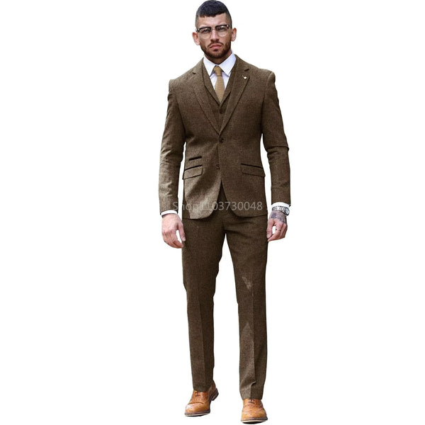 Men's brown tweed 3-piece suit in slim fit, crafted from wool blend, perfect for weddings and formal occasions.